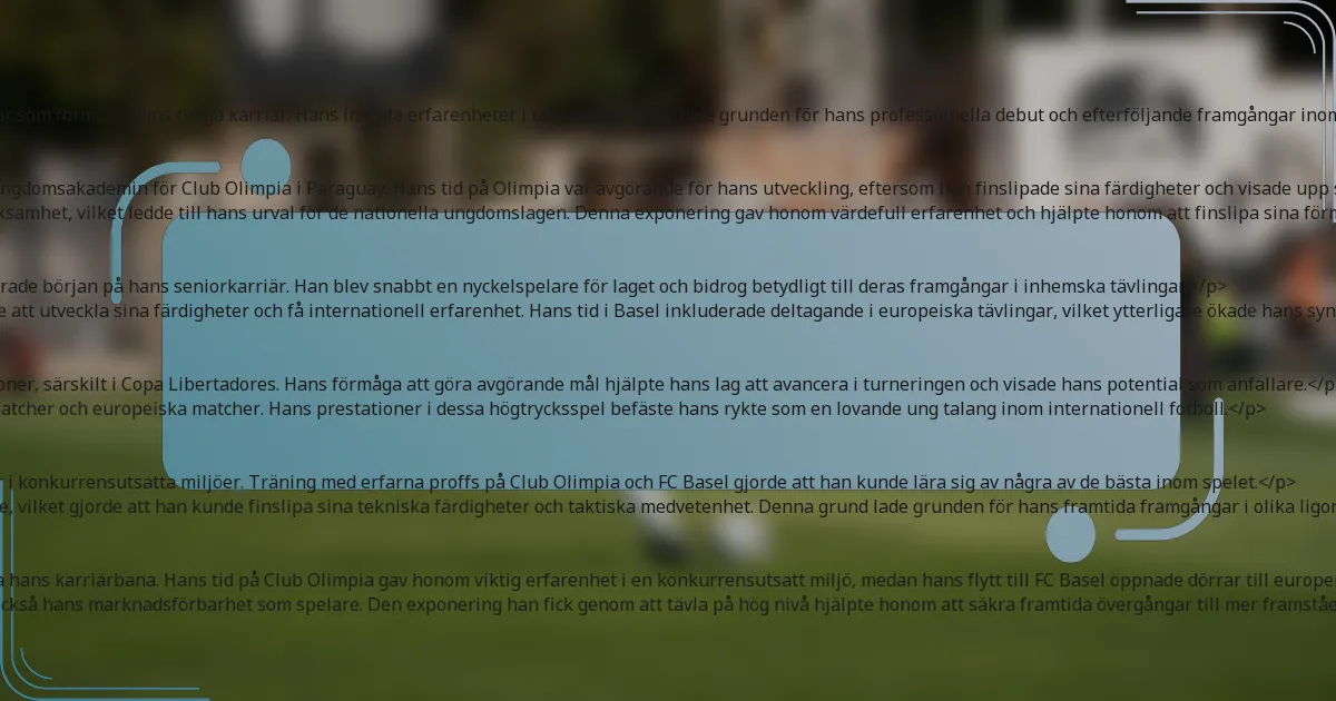 <p>Derlis González började sin fotbollsresa i ung ålder och gick med i flera klubbar som formade hans tidiga karriär. Hans initiala erfarenheter i ungdomsklubbar lade grunden för hans professionella debut och efterföljande framgångar inom sporten.</p>

<h3>Översikt över hans ungdomskarriär</h3>
<p>Derlis Gonzálezs ungdomskarriär började vid 10 års ålder när han gick med i ungdomsakademin för Club Olimpia i Paraguay. Hans tid på Olimpia var avgörande för hans utveckling, eftersom han finslipade sina färdigheter och visade upp sin talang i olika ungdomstävlingar.</p>
<p>Under sina år på Olimpia fångade Gonzálezs prestationer scouternas uppmärksamhet, vilket ledde till hans urval för de nationella ungdomslagen. Denna exponering gav honom värdefull erfarenhet och hjälpte honom att finslipa sina förmågor på en större scen.</p>

<h3>Första professionella klubb och tidslinje</h3>
<p>González gjorde sin professionella debut med Club Olimpia 2012, vilket markerade början på hans seniorkarriär. Han blev snabbt en nyckelspelare för laget och bidrog betydligt till deras framgångar i inhemska tävlingar.</p>
<p>Efter några säsonger flyttade han till FC Basel i Schweiz 2014, där han fortsatte att utveckla sina färdigheter och få internationell erfarenhet. Hans tid i Basel inkluderade deltagande i europeiska tävlingar, vilket ytterligare ökade hans synlighet som spelare.</p>

<h3>Noterbara prestationer i de första klubbarna</h3>
<p>Under sin tid på Club Olimpia levererade González flera framstående prestationer, särskilt i Copa Libertadores. Hans förmåga att göra avgörande mål hjälpte hans lag att avancera i turneringen och visade hans potential som anfallare.</p>
<p>På FC Basel fortsatte han att imponera med sina bidrag både i inhemska ligamatcher och europeiska matcher. Hans prestationer i dessa högtrycksspel befäste hans rykte som en lovande ung talang inom internationell fotboll.</p>

<h3>Utveckling som spelare under de tidiga åren</h3>
<p>Gonzálezs tidiga år präglades av snabb utveckling, drivet av hans erfarenheter i konkurrensutsatta miljöer. Träning med erfarna proffs på Club Olimpia och FC Basel gjorde att han kunde lära sig av några av de bästa inom spelet.</p>
<p>Hans anpassningsförmåga och vilja att lära bidrog till hans tillväxt som spelare, vilket gjorde att han kunde finslipa sina tekniska färdigheter och taktiska medvetenhet. Denna grund lade grunden för hans framtida framgångar i olika ligor runt om i världen.</p>

<h3>Initiala klubbars påverkan på hans karriärbana</h3>
<p>De klubbar som González gick med i först spelade en betydande roll i att forma hans karriärbana. Hans tid på Club Olimpia gav honom viktig erfarenhet i en konkurrensutsatt miljö, medan hans flytt till FC Basel öppnade dörrar till europeisk fotboll.</p>
<p>Dessa tidiga erfarenheter förbättrade inte bara hans färdigheter utan ökade också hans marknadsförbarhet som spelare. Den exponering han fick genom att tävla på hög nivå hjälpte honom att säkra framtida övergångar till mer framstående klubbar, vilket slutligen ledde till en framgångsrik internationell karriär.</p>

<h2>Vilka är Derlis Gonzálezs nyckelprestationer?